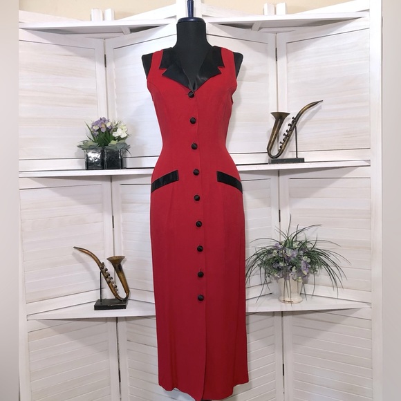 Vintage Dresses & Skirts - Vintage 80s 90s Audrey Hepburn style black red pencil sleeveless midi dress S